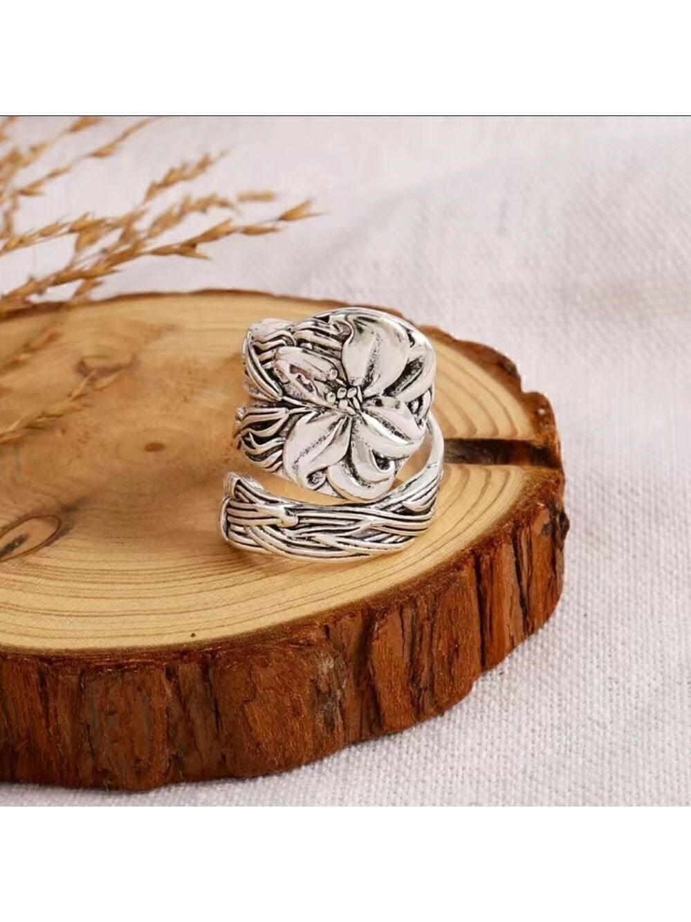 Vintage Style 925 Silver Plated Spoon Ring Floral Adjustable